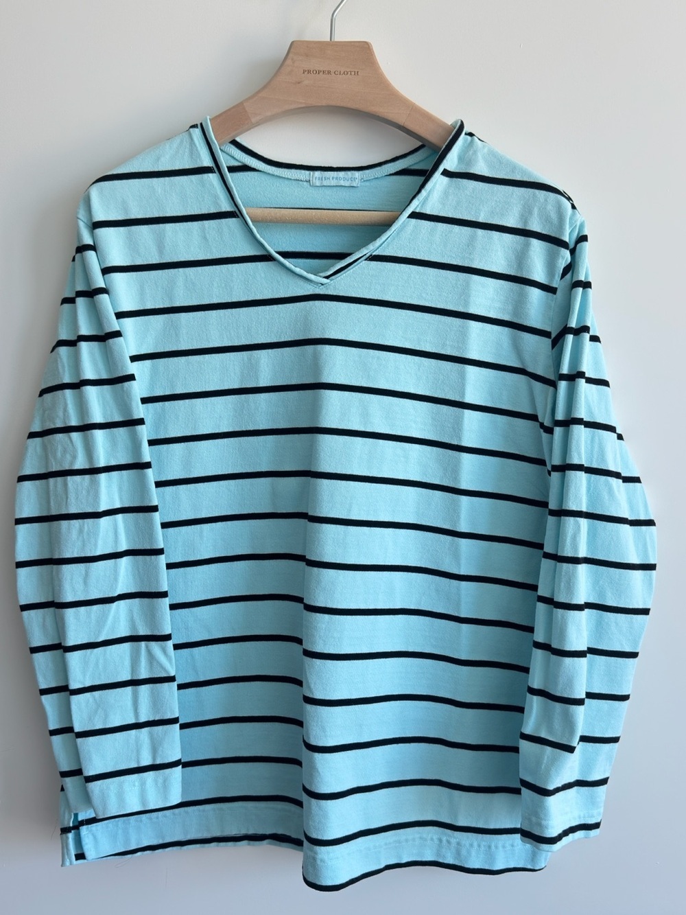 Fresh Produce USA Coastal Stripe V Neck Long Sleeve Top Beachy Blue Pullover M/L
